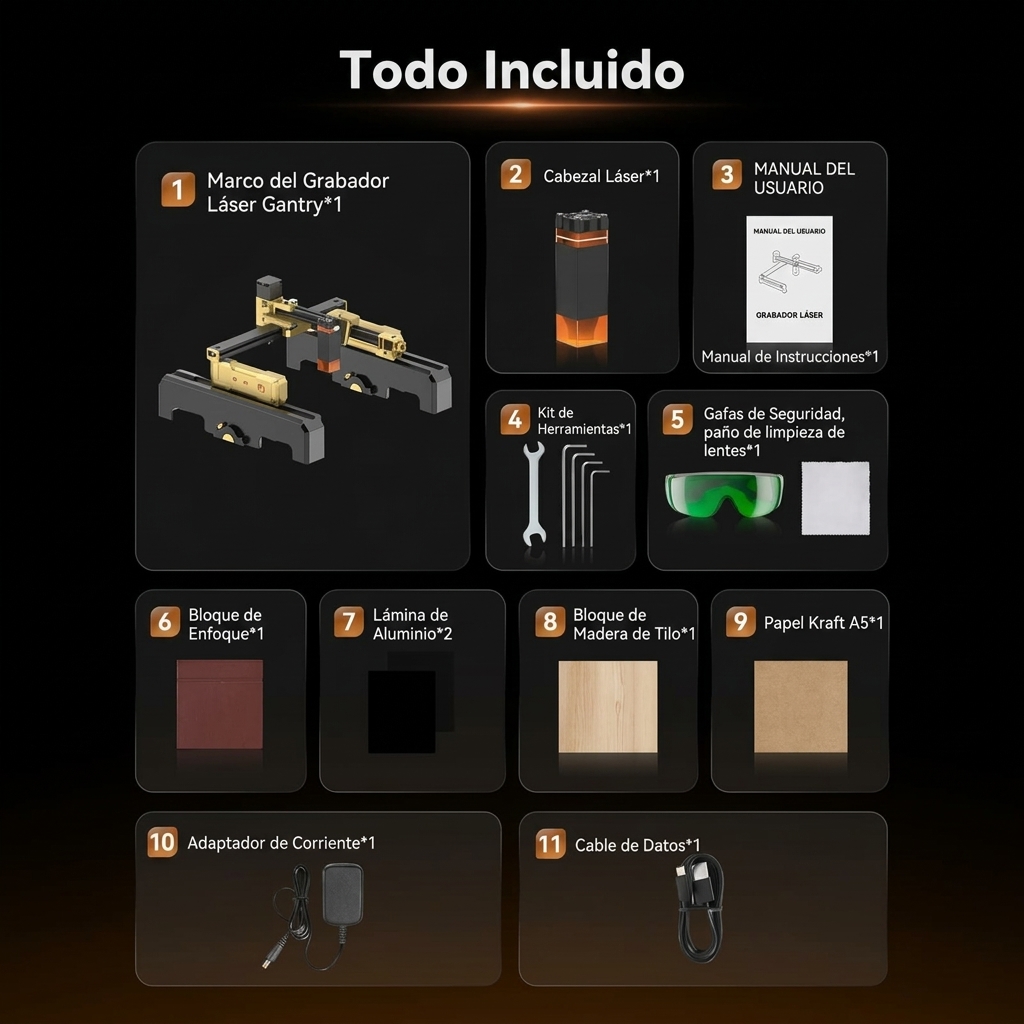 Máquina de grabado láser portátil con Wi-Fi, cuerpo plegable preensamblado, control mediante aplicación, precisión de grabado de 0,01 mm, velocidad de grabado de 10000 mm/min, apta para diversos materiales como madera, cuero, metal y acrílico; una potente