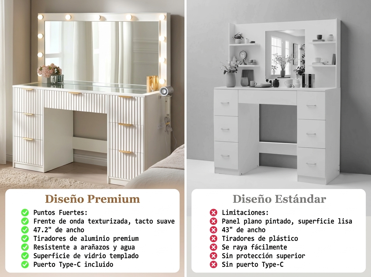 Tocador a rayas (con espejo y luz LED ajustable), con superficie de cristal y estación de carga, y un espacioso diseño de 4/7 cajones, perfecto para mujeres y niñas, adecuado para dormitorios o habitaciones de residencia estudiantil: un gran regalo/regalo