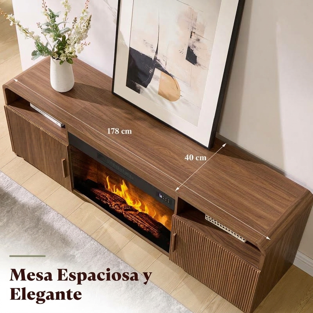 Mueble TV de 178 cm con Chimenea Eléctrica de 30", Diseño de Madera Estriada, Puertas y Armarios de Almacenamiento, para TV de hasta 80", Ideal para Salón