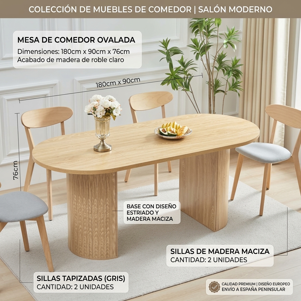 Mesa de Comedor de 180 cm para 6-8 Personas, Diseño Ovalado con Base de Listones de Madera, Mesa Moderna para Cocina, Salón o Comedor