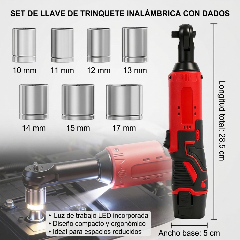 Llave de Carraca Eléctrica Inalámbrica 45 Nm, 3/8", para Coches, Motos y DIY