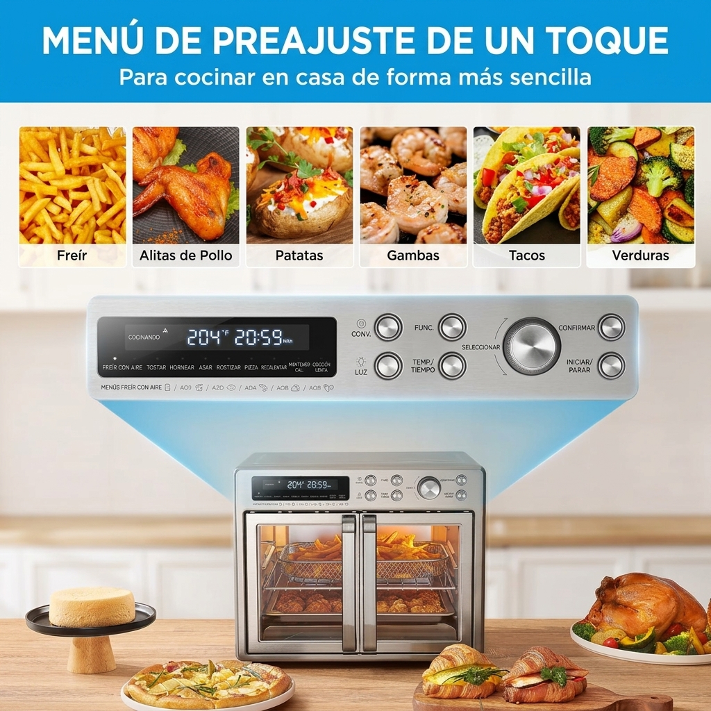 [Consejos de cocina 2026] Freidora de aire y horno combinados de doble puerta estilo francés, capacidad súper grande de 26,4 cuartos, freidora de aire y horno de encimera multifuncional 10 en 1, velocidad de cocción aumentada en un 25%, consumo de aceite 