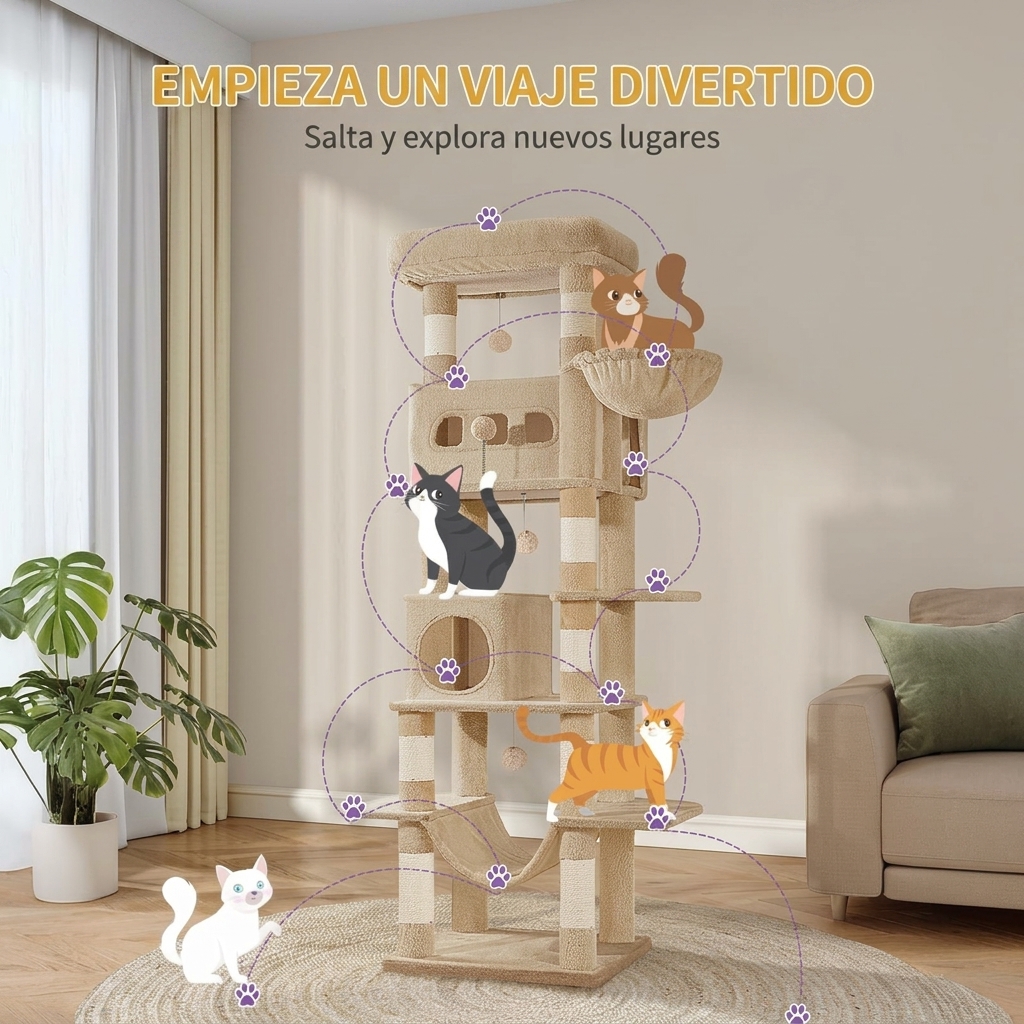 Un rascador de 170 cm de diámetro, ideal para gatos Maine Coon y otros felinos grandes, que incluye un poste rascador de varios niveles, una gran plataforma de descanso, una alfombrilla lavable, una casita con dos camas y ocho postes rascadores.