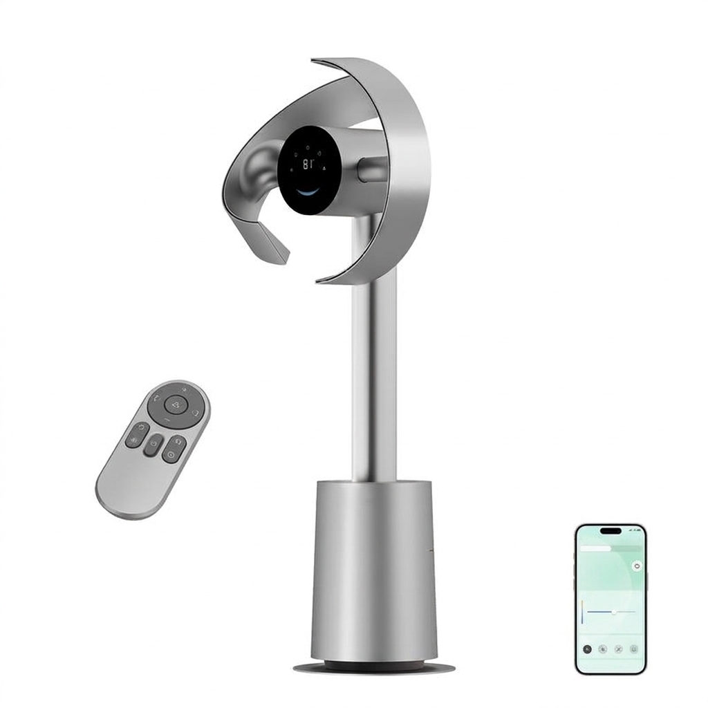 Ventilador de torre sin aspas de 270°, circulación de aire de 270° en toda la habitación, ventilador de suelo inteligente con función de sincronización de temperatura TempSync, tecnología de mejora del flujo de aire AirBoost, 10 velocidades, 3 modos, filt