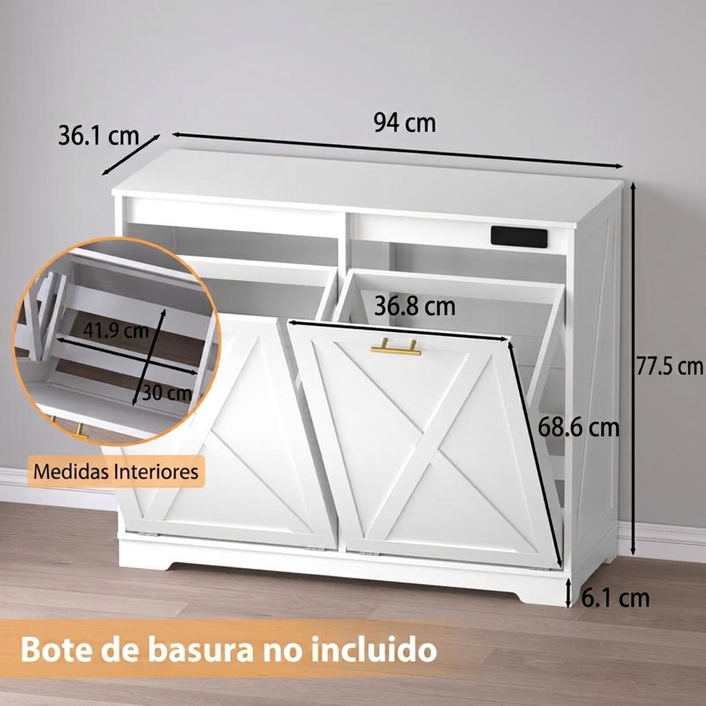 Cubo de basura basculante de doble compartimento, armario oculto para el contenedor de reciclaje, armario de lavandería de madera de doble compartimento con funciones desodorizantes, de iones negativos y de ozono, adecuado para cocinas, baños, lavaderos, 