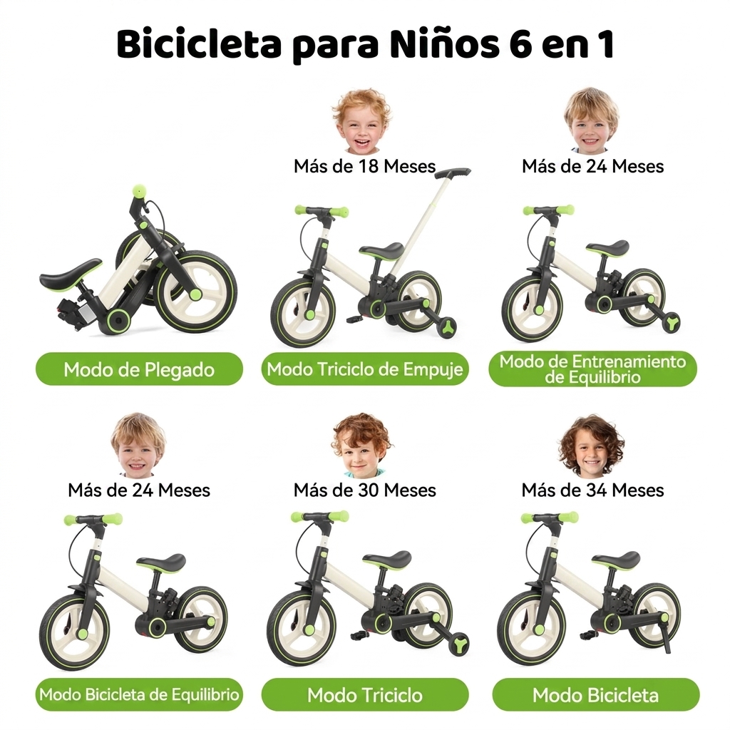 Bicicleta de equilibrio 6 en 1 para niños pequeños con ruedas de entrenamiento