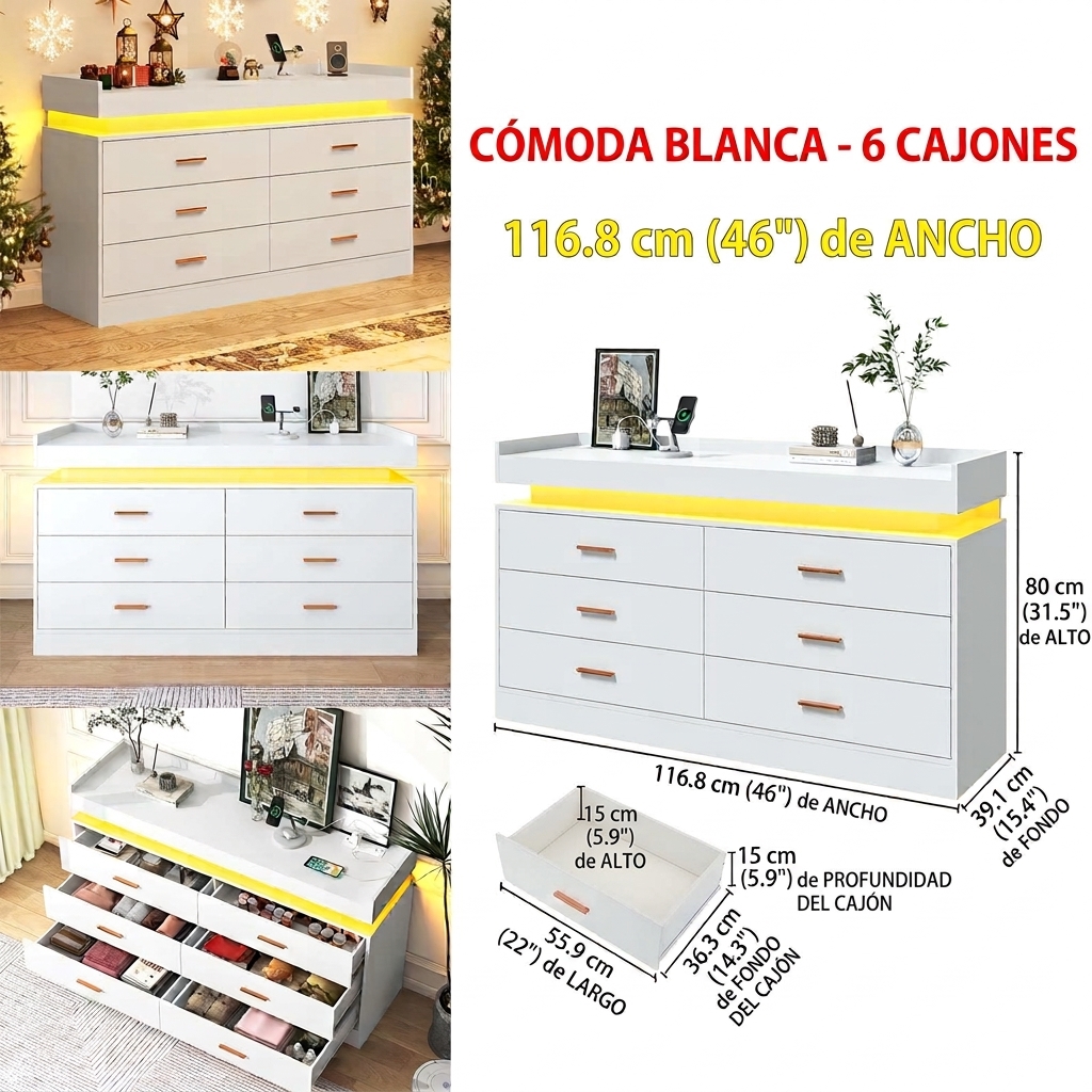 Cómoda con luz LED y estación de carga, cómoda moderna para armario, mueble organizador de cajones anchos para dormitorio, sala de estar, entrada y pasillo.