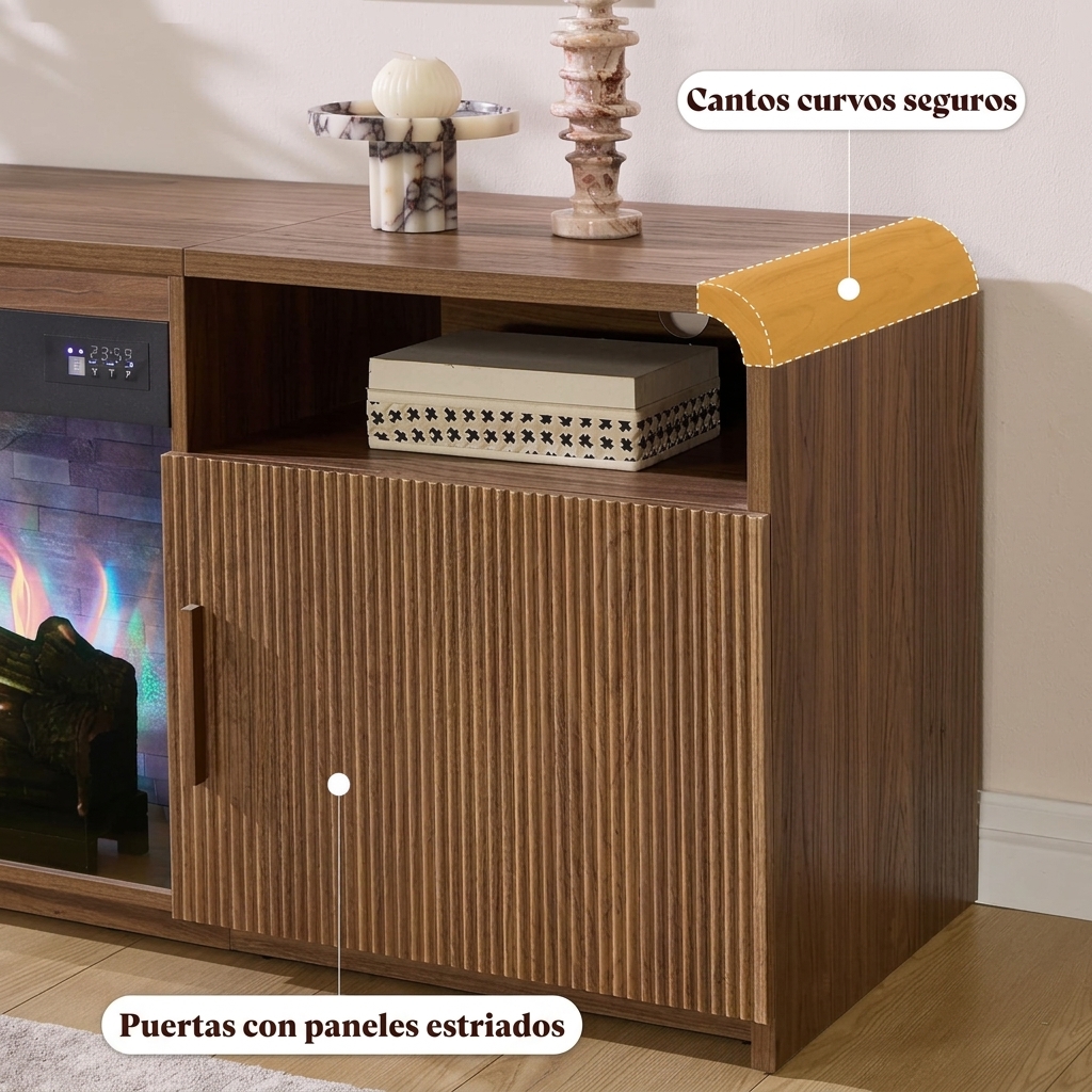Mueble TV de 178 cm con Chimenea Eléctrica de 30", Diseño de Madera Estriada, Puertas y Armarios de Almacenamiento, para TV de hasta 80", Ideal para Salón