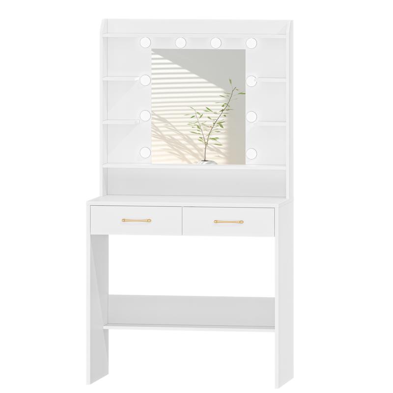 Mesa de maquillaje con espejo, con superficies de almacenaje y 2 cajones, para dormitorio y sala de estar, brillo ajustable