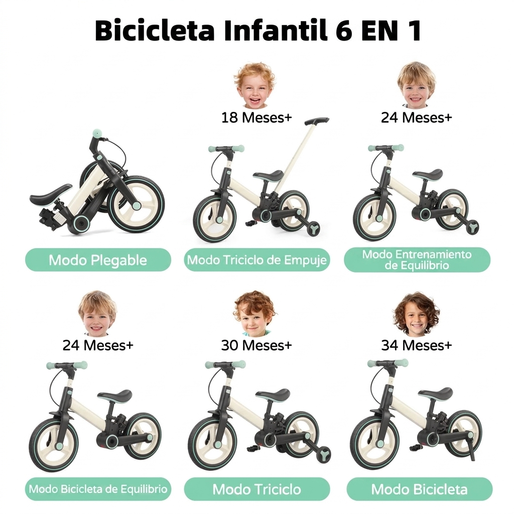 Bicicleta de equilibrio 6 en 1 para niños pequeños con ruedas de entrenamiento