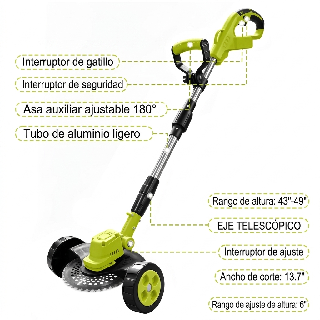 Cortabordes eléctrico inalámbrico, 3 accesorios de corte diferentes para recortar el césped y perfilar bordes, con 2 baterías y diseño ligero; ideal para patios y jardines.