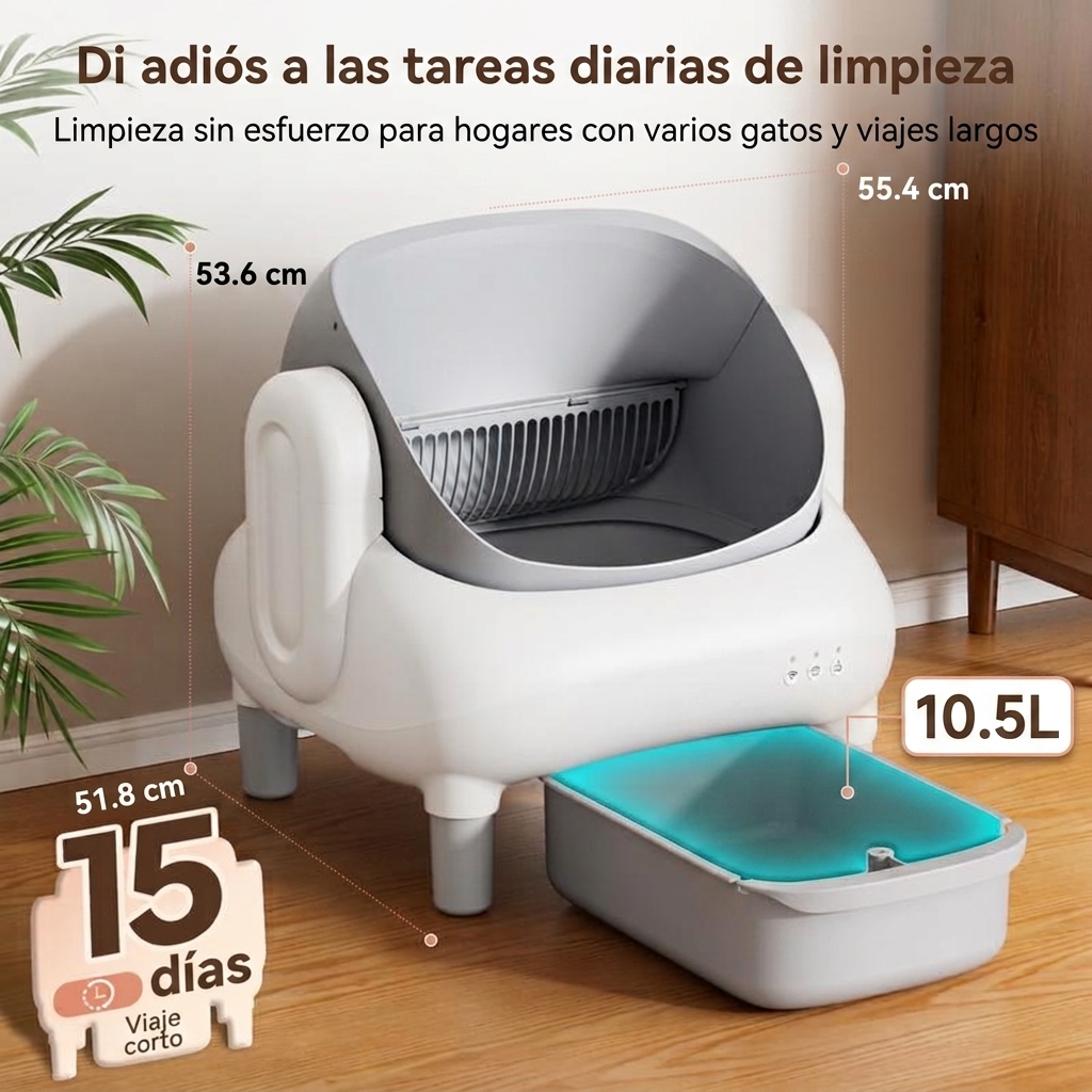 Arenero automático inteligente autolimpiable de tipo abierto (apto para hogares con varios gatos): doble tecnología de seguridad, funcionamiento silencioso, compatible únicamente con WiFi de 2,4 GHz, control mediante aplicación, diseño que bloquea los olo
