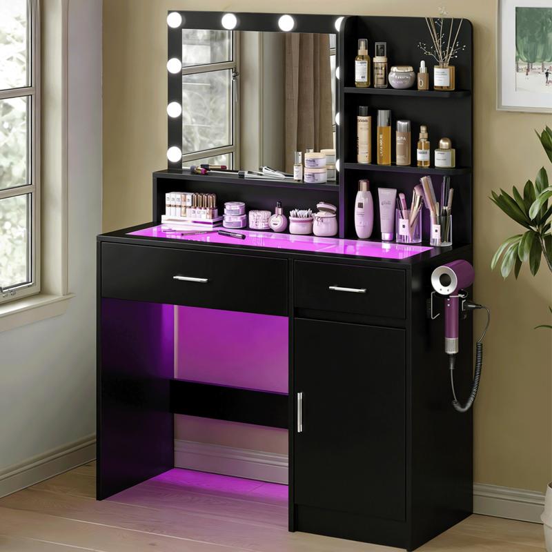 Tocador multifuncional con espejo, 3 modos de iluminación, 10 luces LED alimentadas por USB, tocador de 40 pulgadas, superficie de vidrio y toma de corriente, 36 modos de iluminación, cajones RGB ajustables, cómoda blanca para dormitorios de mujeres/niñas