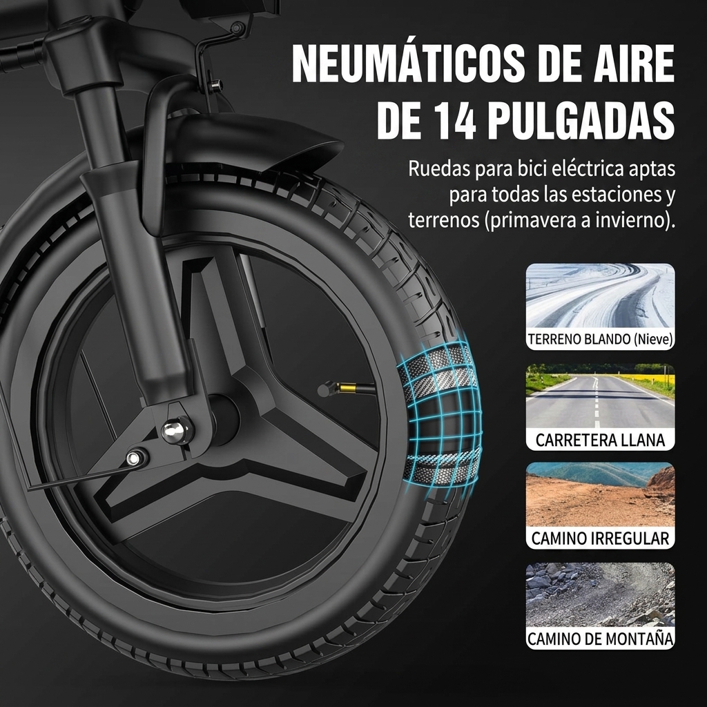 Bicicleta eléctrica plegable | Potencia máxima 1200 W | Neumáticos de 35,5 cm | Autonomía 35-64 km | Freno de disco trasero | Plegable | Dos plazas