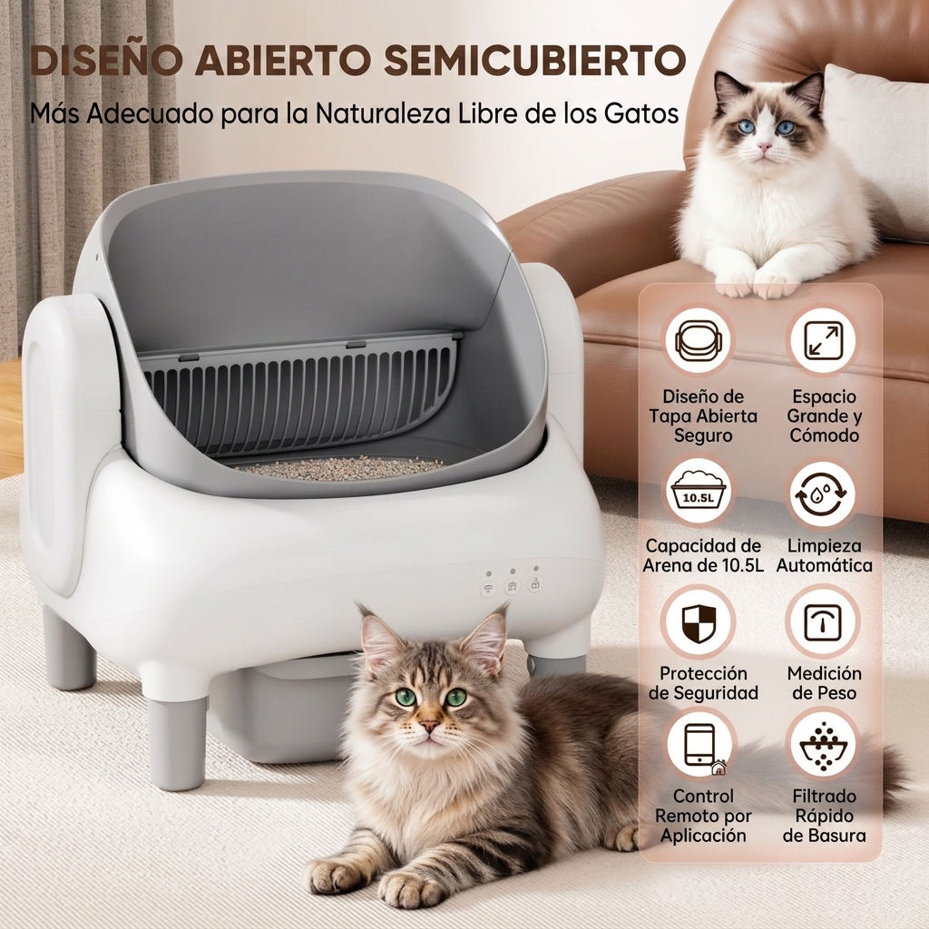 Arenero automático inteligente autolimpiable de tipo abierto (apto para hogares con varios gatos): doble tecnología de seguridad, funcionamiento silencioso, compatible únicamente con WiFi de 2,4 GHz, control mediante aplicación, diseño que bloquea los olo
