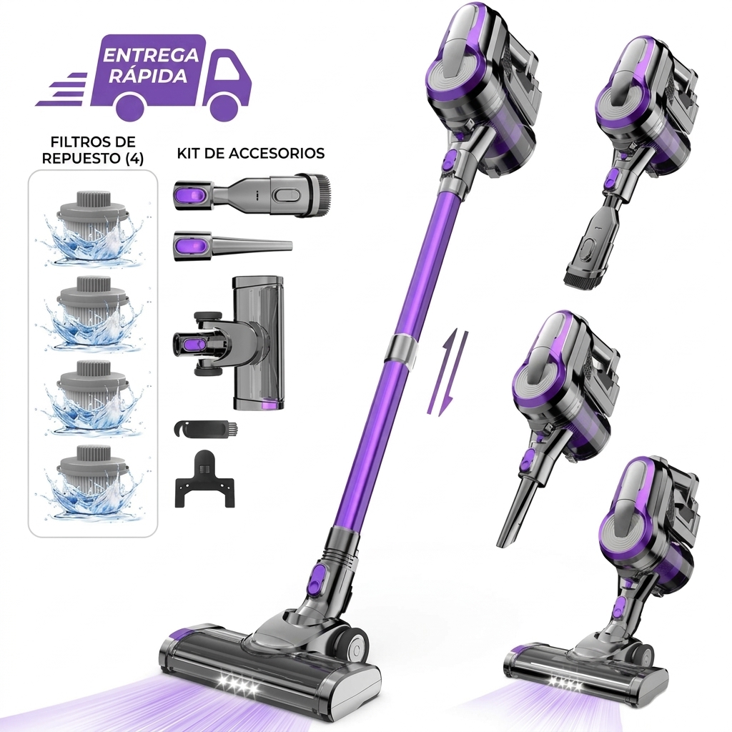 Aspiradora inalámbrica 6 en 1, potente succión, hasta 55 minutos de autonomía, equipada con pantalla inteligente y cabezal de cepillo antienredos.
