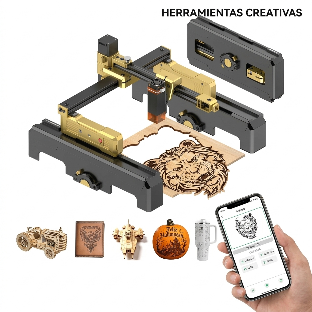 Máquina de grabado láser portátil con Wi-Fi, cuerpo plegable preensamblado, control mediante aplicación, precisión de grabado de 0,01 mm, velocidad de grabado de 10000 mm/min, apta para diversos materiales como madera, cuero, metal y acrílico; una potente