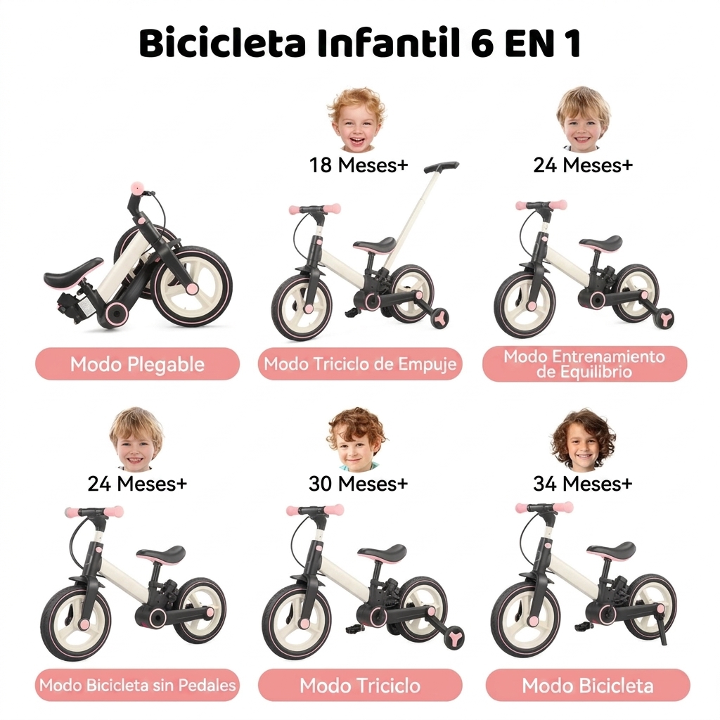 Bicicleta de equilibrio 6 en 1 para niños pequeños con ruedas de entrenamiento