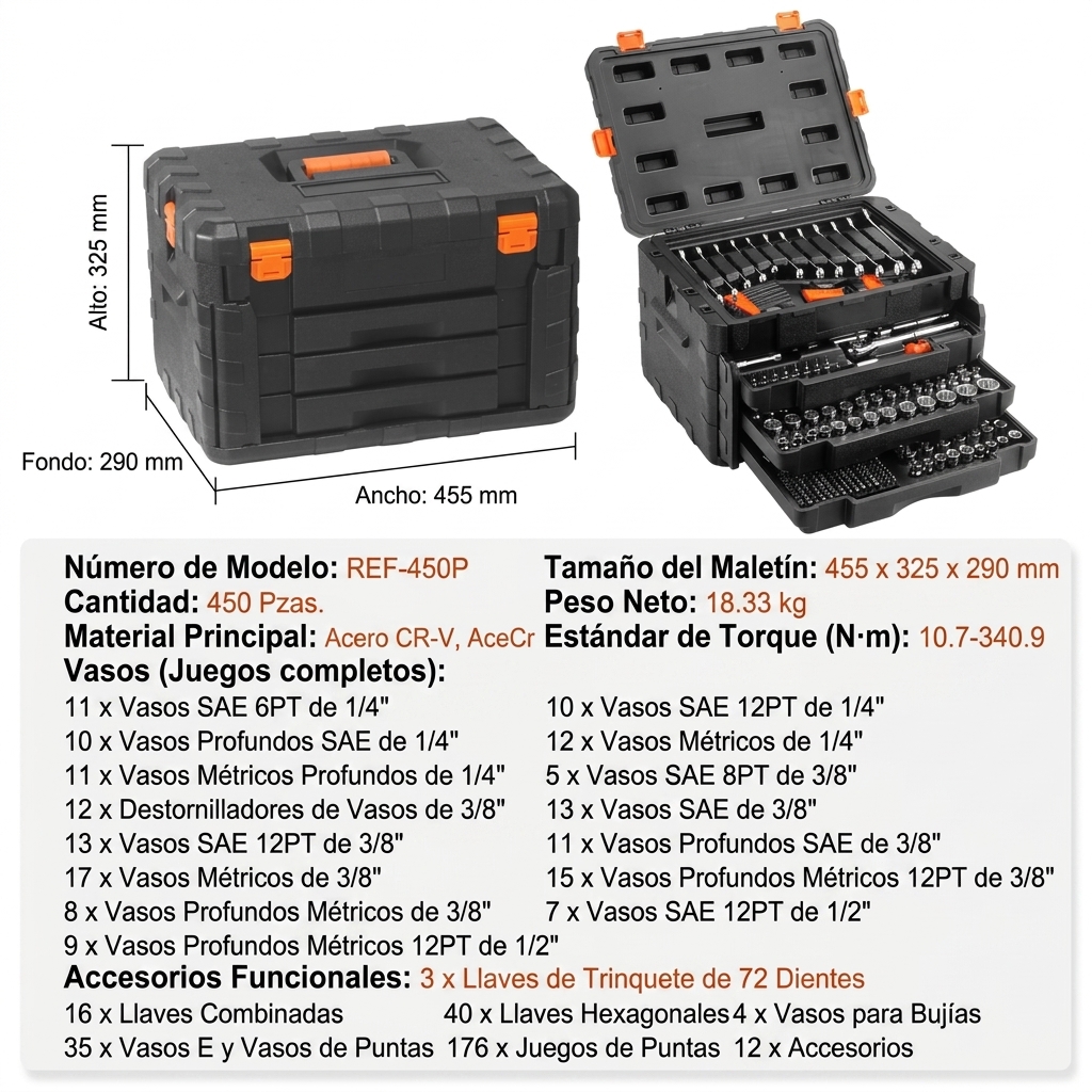 Envío gratis - Juego de herramientas y llaves de vaso para reparación de automóviles - Incluye 450 piezas (en medidas imperiales y métricas) de llaves de vaso profundas y estándar de 1/4", 3/8" y 1/2", con puntas, llaves hexagonales, llaves combinadas y d