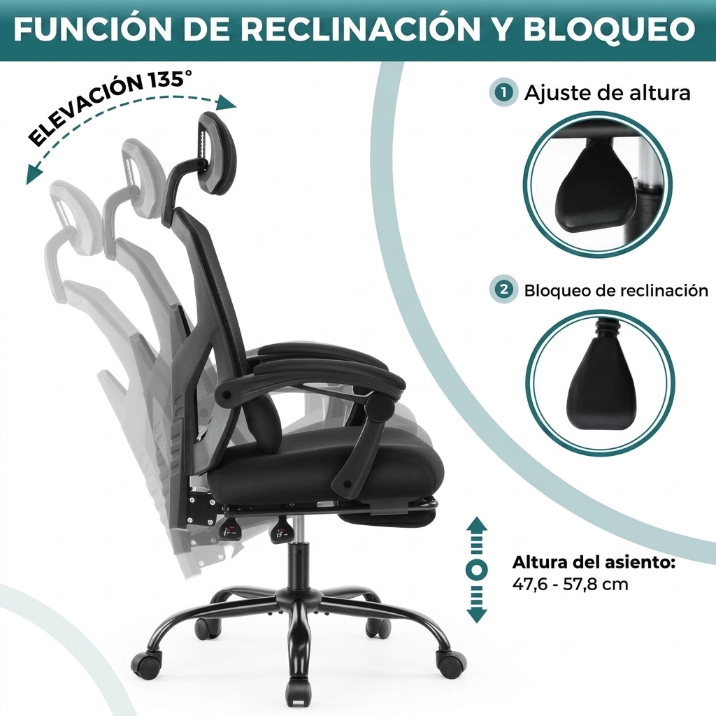 Silla de oficina ergonómica con respaldo de malla: altura ajustable, giratoria 360 grados, con ruedas, reposapiés, reposacabezas ajustable, brazos acolchados, bloqueo de reclinación, opción de regalo para la oficina (requiere montaje).