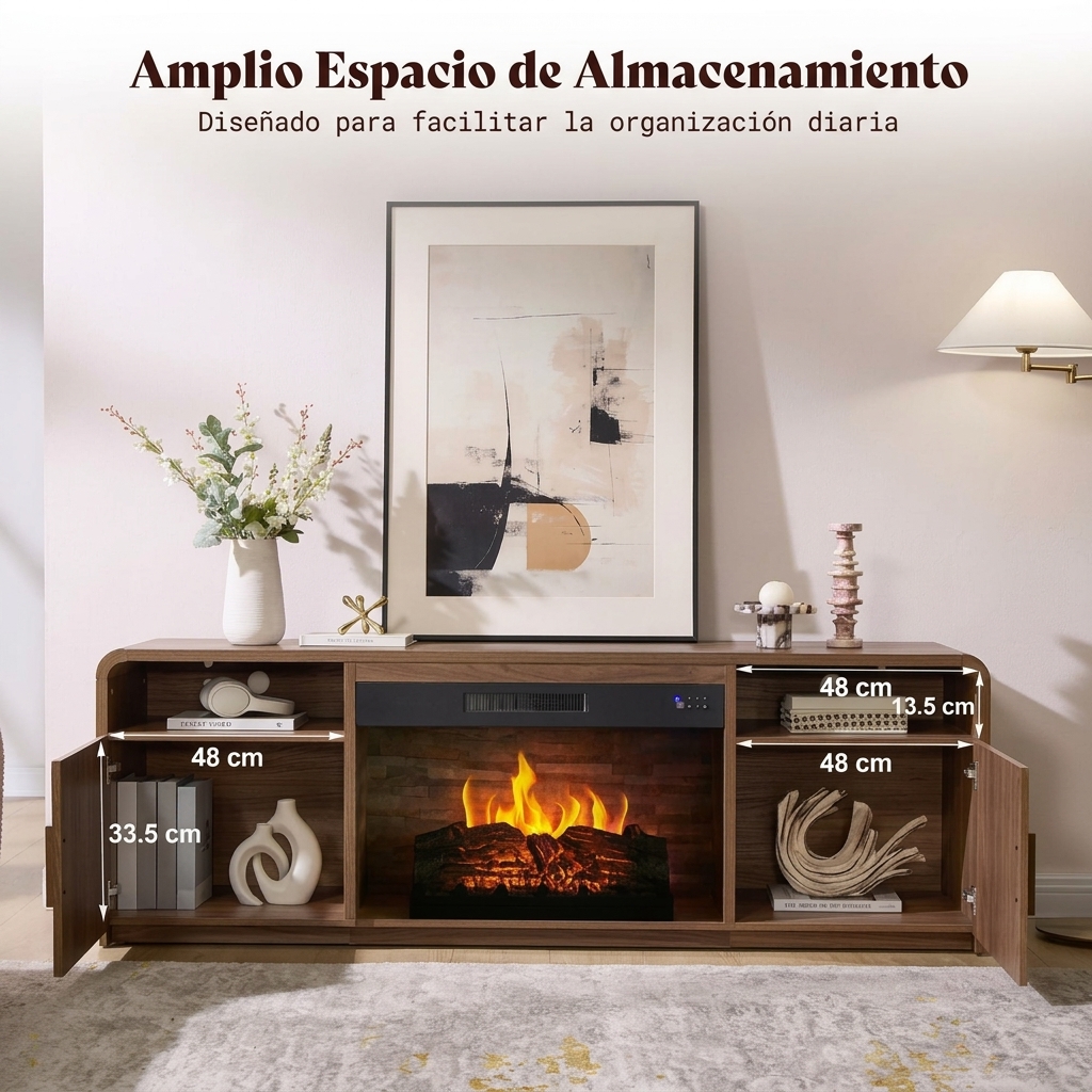 Mueble TV de 178 cm con Chimenea Eléctrica de 30", Diseño de Madera Estriada, Puertas y Armarios de Almacenamiento, para TV de hasta 80", Ideal para Salón