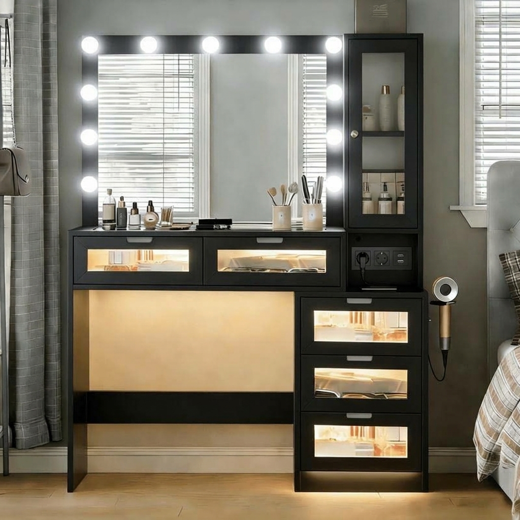 Tocador de maquillaje para dormitorio: retroiluminación LED, diseño con acentos LED, superficie de vidrio templado, armario lateral, tomas de corriente para herramientas de peinado, cajón con iluminación, espacio de almacenamiento; requiere montaje.