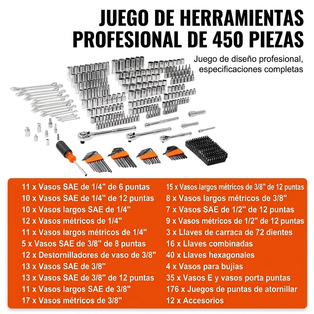 Envío gratis - Juego de herramientas y llaves de vaso para reparación de automóviles - Incluye 450 piezas (en medidas imperiales y métricas) de llaves de vaso profundas y estándar de 1/4", 3/8" y 1/2", con puntas, llaves hexagonales, llaves combinadas y d