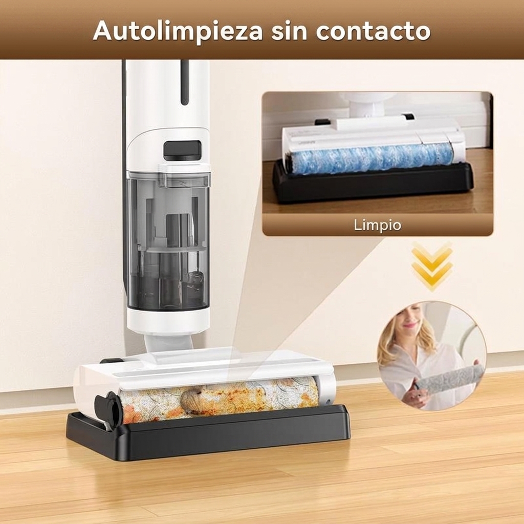 Limpiador de suelos inteligente para uso en seco y húmedo: diseño inalámbrico, permite la limpieza de bordes de 1 mm, equipado con un sistema antienredos; cuerpo ligero, adecuado para suelos duros y para limpiar el pelo de las mascotas.