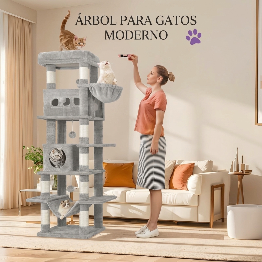 Un rascador de 170 cm de diámetro, ideal para gatos Maine Coon y otros felinos grandes, que incluye un poste rascador de varios niveles, una gran plataforma de descanso, una alfombrilla lavable, una casita con dos camas y ocho postes rascadores.