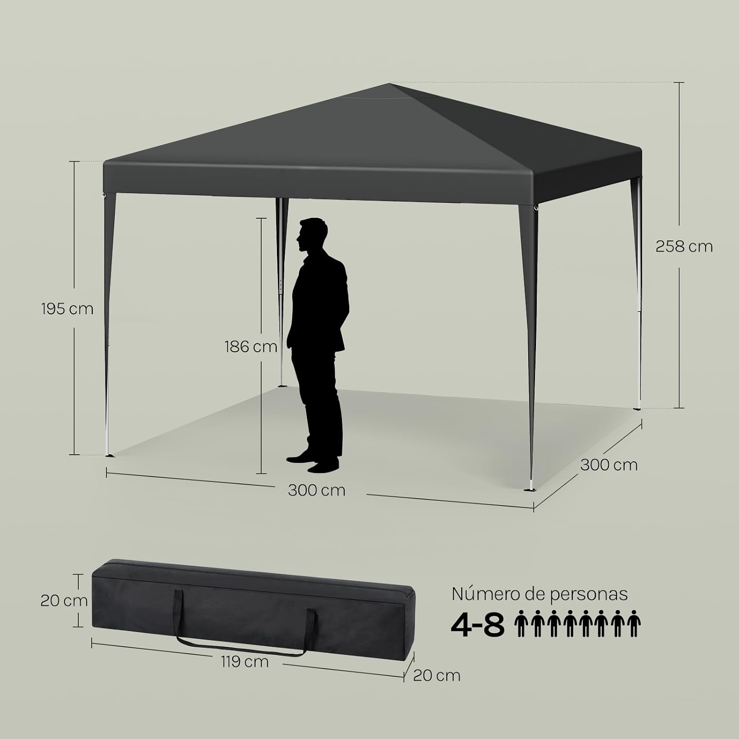 Carpa plegable instantánea de 3x3 m, impermeable, con protección UPF 50+, con 3 alturas ajustables, resistente al viento, portátil, ideal para camping, playa y picnic.