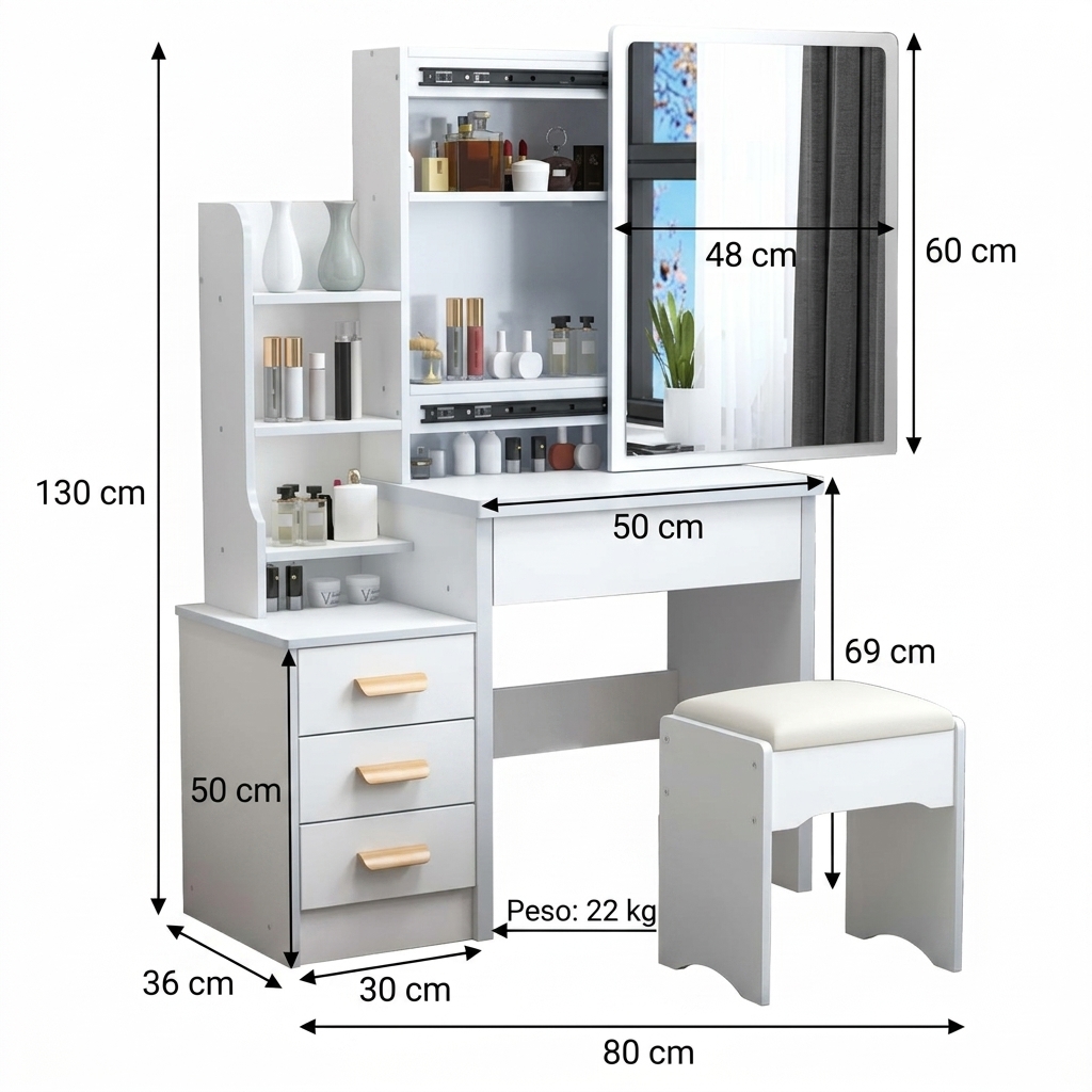 Tocador de maquillaje blanco con espejo y taburete – Mueble de tocador con cajones y estantes para cosméticos 80x36x131 cm