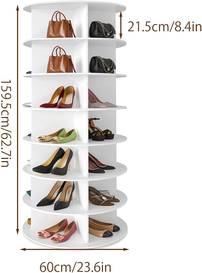 Zapatero giratorio de 360°, armario giratorio para zapatos de 7 niveles, 28 compartimentos, 147,4 × 59 cm, estante para zapatos que ahorra espacio, puede almacenar zapatos, bolsos y accesorios, blanco, adecuado para pasillos, dormitorios y armarios.