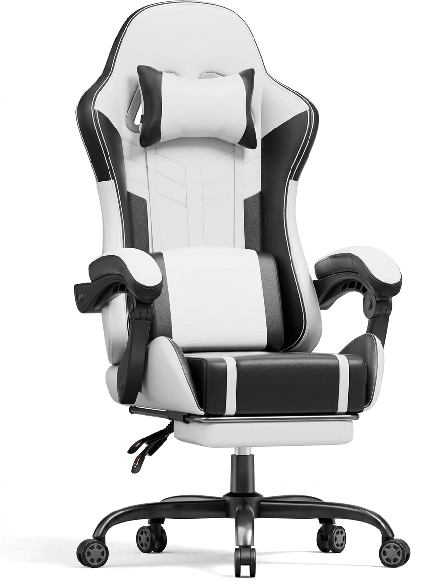 Silla Gaming con Masajeador, Silla Gamer con Cojín Lumbar Masajeador y Reposapiés, Sillón Gamer Ergonómica Altura Ajustable, Cadeira Gaming Negro y Verde