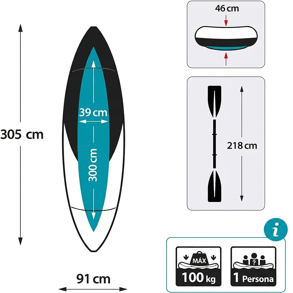 Kayaks hinchables individuales y dobles, que incluyen 1 remo y 1 bomba de aire.