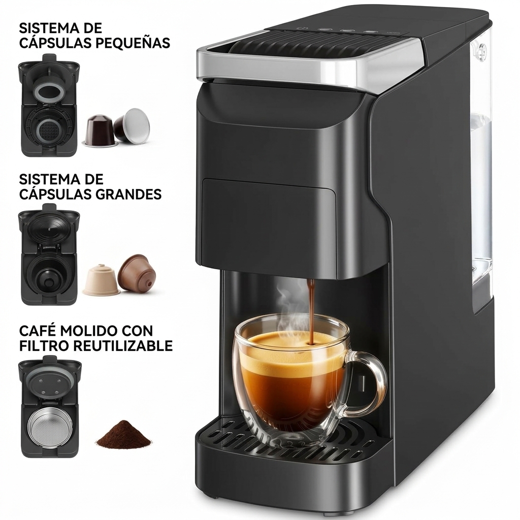 Cafetera Multicápsulas 3 en 1, Máquina de Café Compatible con Cápsula Nespresso, Dolce Gusto, ESE y Polvo, Depósito 920 mL, 20 bares de Presión, Autolimpieza y Precalentamiento, Negro Mate