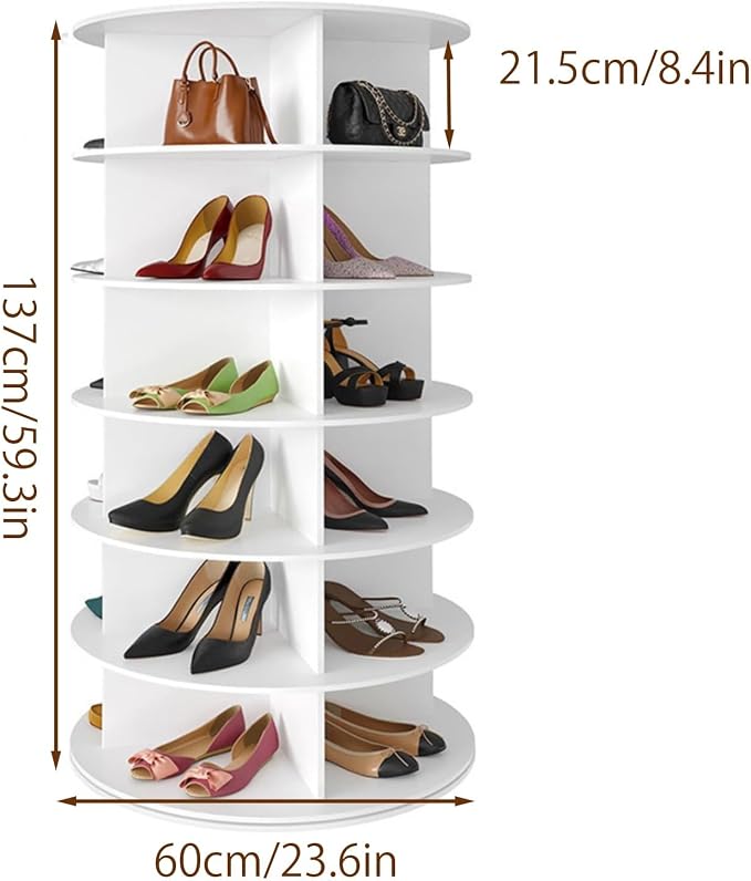 Zapatero giratorio de 360°, armario giratorio para zapatos de 7 niveles, 28 compartimentos, 147,4 × 59 cm, estante para zapatos que ahorra espacio, puede almacenar zapatos, bolsos y accesorios, blanco, adecuado para pasillos, dormitorios y armarios.
