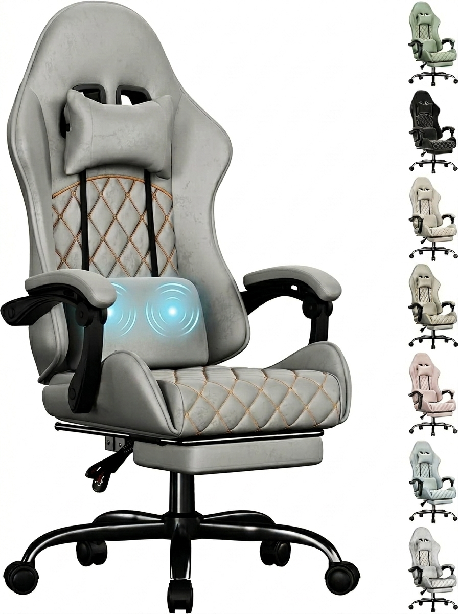 Silla gaming con función de masaje, imitación de ante transpirable, silla de oficina ergonómica con reposapiés, reposacabezas y cojín lumbar, silla para PC, amigable con la piel, duradera, espuma de alta densidad, certificada por SGS