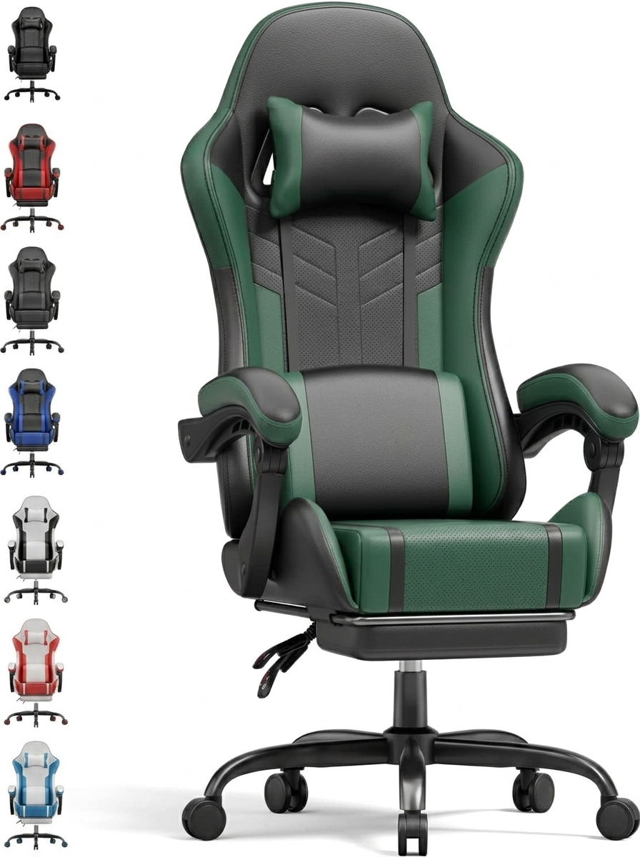Silla Gaming con Masajeador, Silla Gamer con Cojín Lumbar Masajeador y Reposapiés, Sillón Gamer Ergonómica Altura Ajustable, Cadeira Gaming Negro y Verde