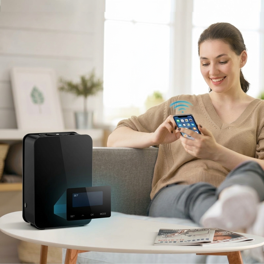 Purificador de aire aromático, difusor de aceites esenciales inteligente Bluetooth de 180 ml, difusor de aromas HVAC sin agua de 2000 pies cuadrados, utiliza tecnología de aire frío, adecuado para uso en el hogar, la oficina y hoteles.