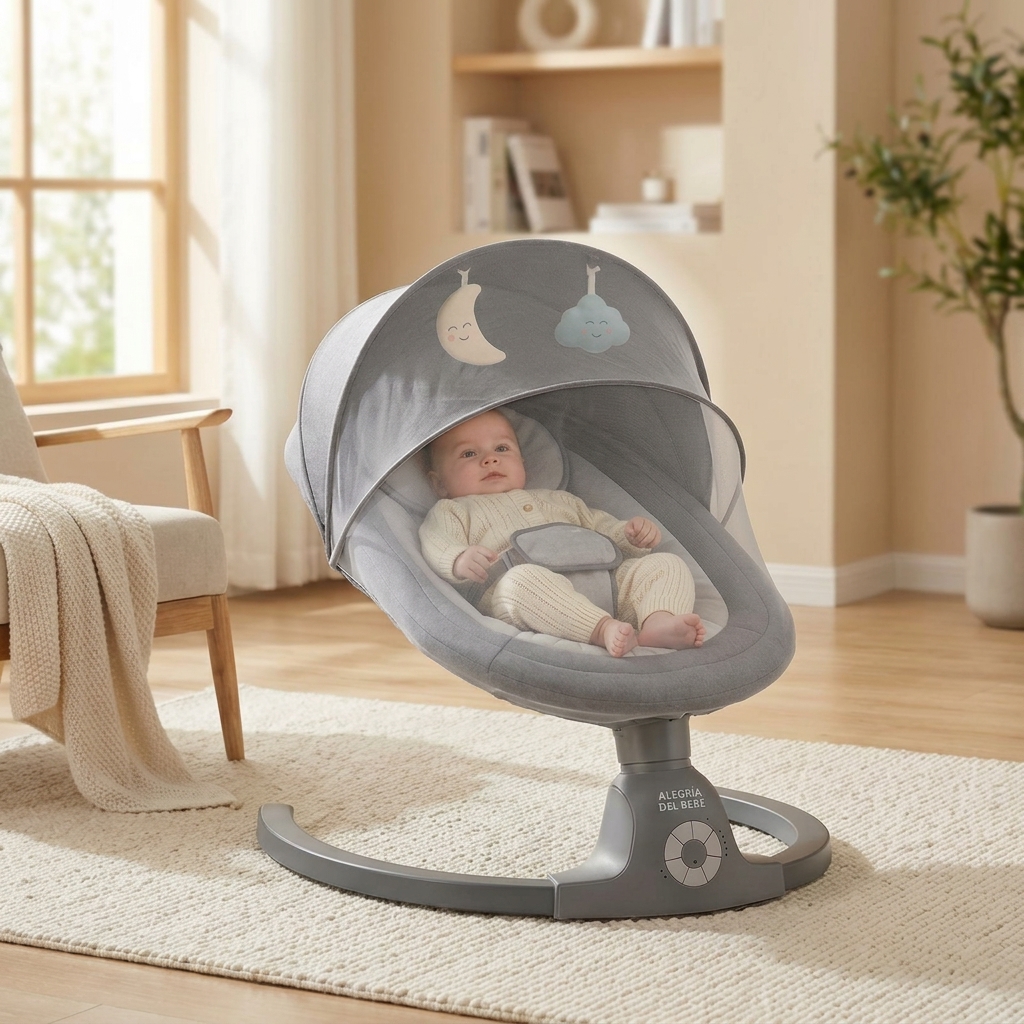 Silla Mecedora Eléctrica para Niños, Hamaca Bebé, Columpio Bebe, Hamaca eléctrica 0‑9 kg, Bluetooth, música, arnés 5 puntos, temporizador, Balancín cómodo y seguro