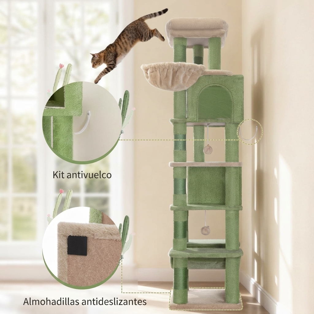 Un rascador de 170 cm de diámetro, ideal para gatos Maine Coon y otros felinos grandes, que incluye un poste rascador de varios niveles, una gran plataforma de descanso, una alfombrilla lavable, una casita con dos camas y ocho postes rascadores.