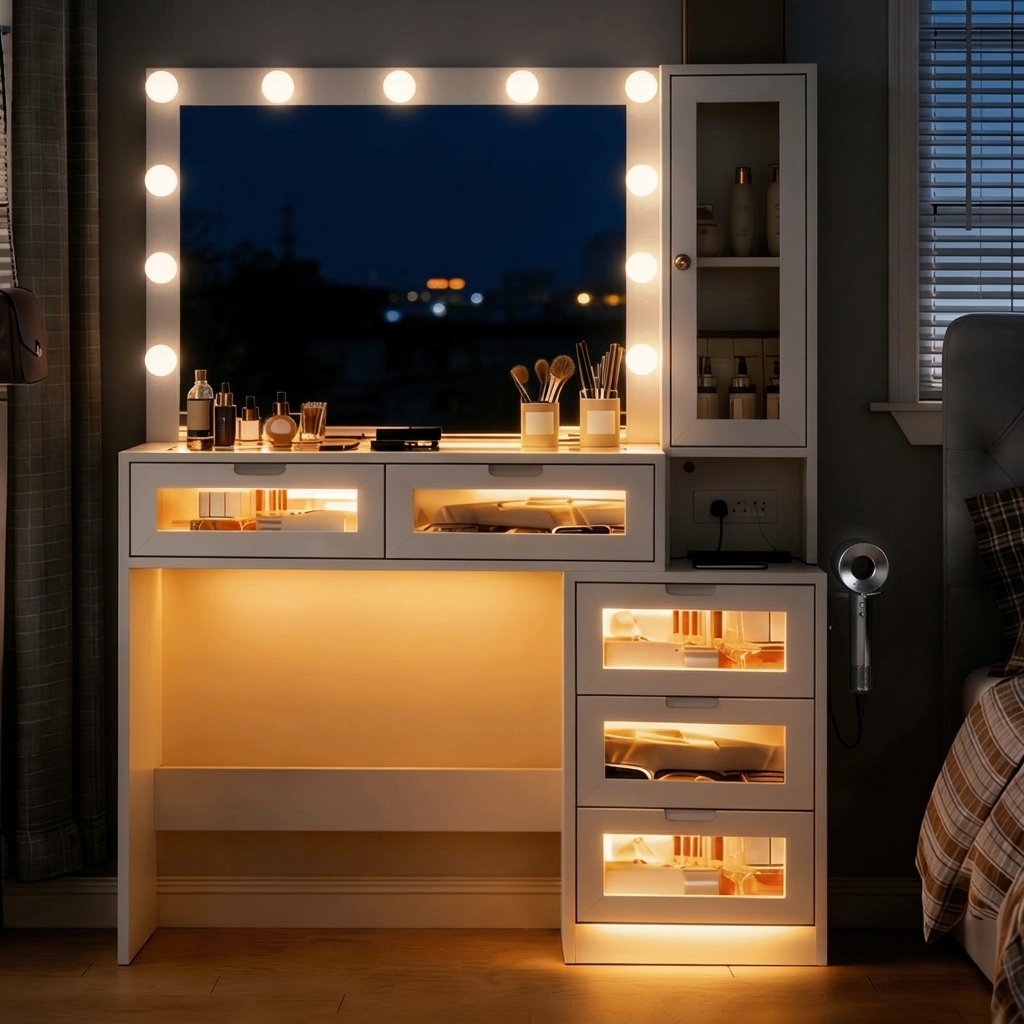 Tocador de maquillaje para dormitorio: retroiluminación LED, diseño con acentos LED, superficie de vidrio templado, armario lateral, tomas de corriente para herramientas de peinado, cajón con iluminación, espacio de almacenamiento; requiere montaje.