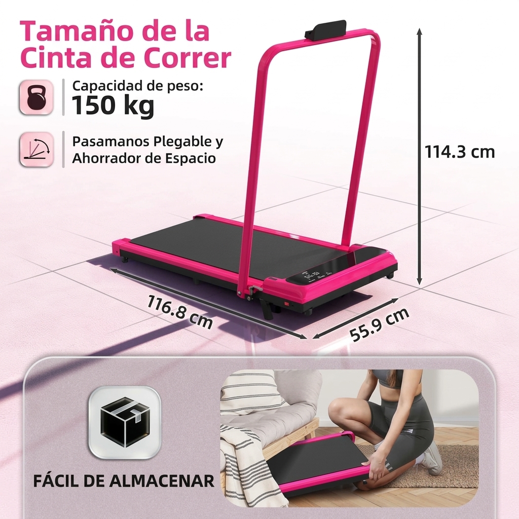 Cinta de correr plegable con inclinación ajustable y pasamanos, plataforma para caminar con motor silencioso, capacidad de carga de 150 kg (330 libras), control remoto y ruedas para fácil movilidad, sistema de doble amortiguación; equipo de gimnasio y ent