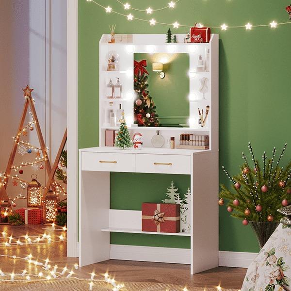 Mesa de maquillaje con espejo, con superficies de almacenaje y 2 cajones, para dormitorio y sala de estar, brillo ajustable