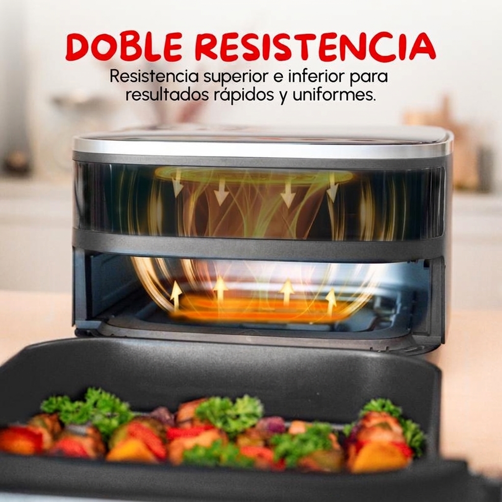 Freidora de aire inteligente y automática, superficie de cocción extragrande, doble resistencia, 10 programas automáticos, diseño compacto, ventana de visualización, color blanco.