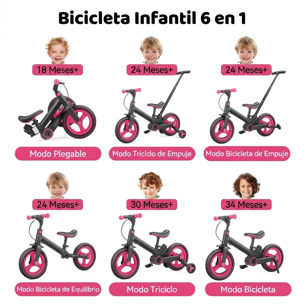 Bicicleta de equilibrio 6 en 1 para niños pequeños con ruedas de entrenamiento