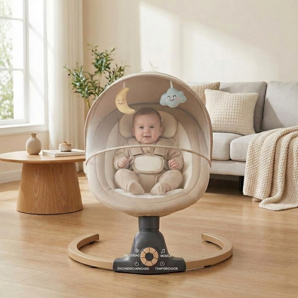 Silla Mecedora Eléctrica para Niños, Hamaca Bebé, Columpio Bebe, Hamaca eléctrica 0‑9 kg, Bluetooth, música, arnés 5 puntos, temporizador, Balancín cómodo y seguro
