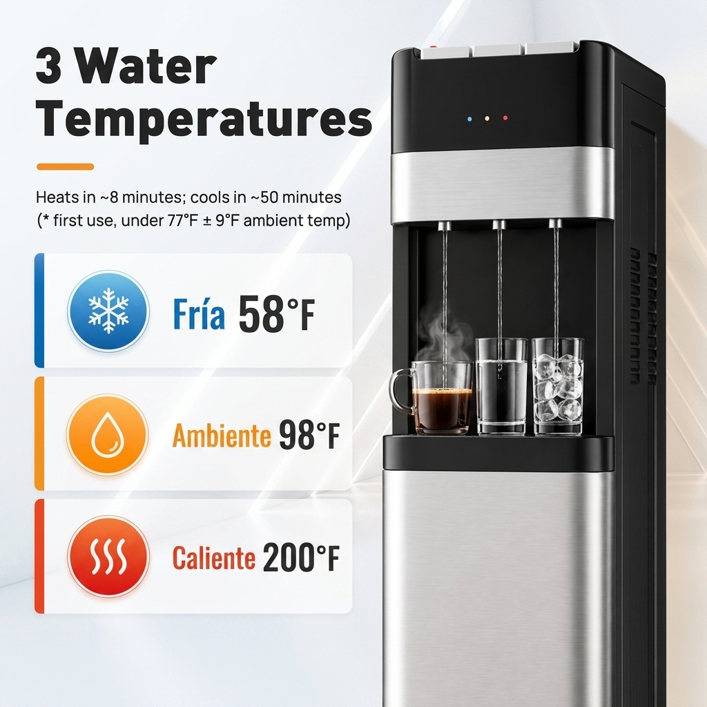Dispensador de Agua 18,9L, Carga Inferior, Agua Fría, Caliente y Ambiente, Bloqueo Infantil