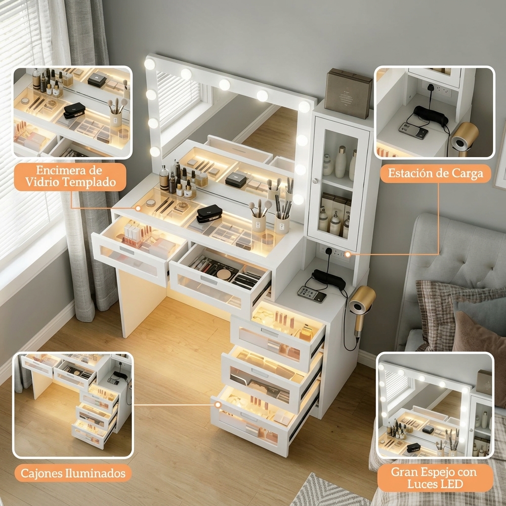 Tocador de maquillaje para dormitorio: retroiluminación LED, diseño con acentos LED, superficie de vidrio templado, armario lateral, tomas de corriente para herramientas de peinado, cajón con iluminación, espacio de almacenamiento; requiere montaje.