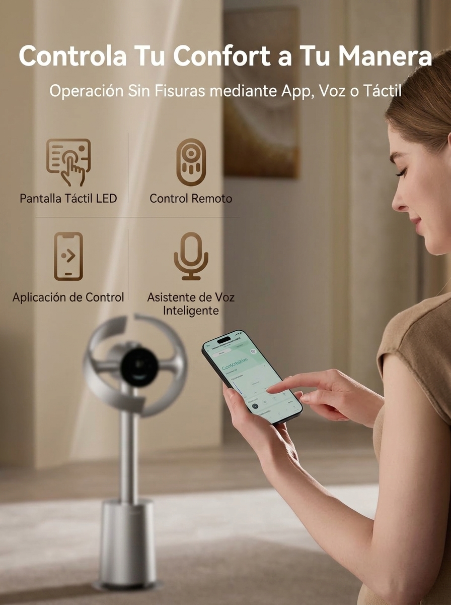 Ventilador de torre sin aspas de 270°, circulación de aire de 270° en toda la habitación, ventilador de suelo inteligente con función de sincronización de temperatura TempSync, tecnología de mejora del flujo de aire AirBoost, 10 velocidades, 3 modos, filt